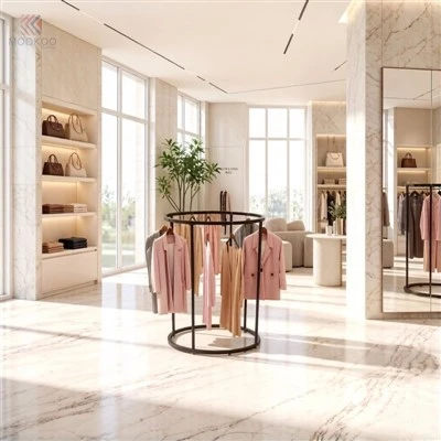 MOOKOO Customized Circular Rotating Pem Teb Standing Dub Hlau Khaub Ncaws Rack Hanging Stand Hooks Niaj Hnub Khoom kim heev Boutique Zaub